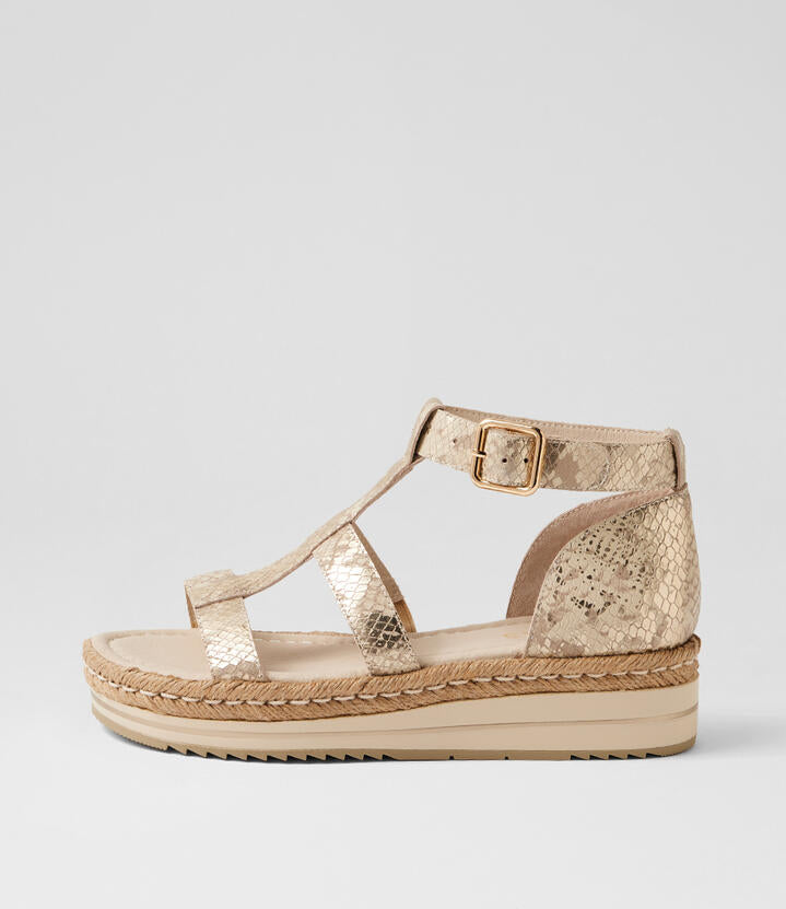 Image of Sandals. Product name - Amarela Ivory Gold Snake Leather Sandals in Ivory&Gold Snake colour by brand - MIDAS