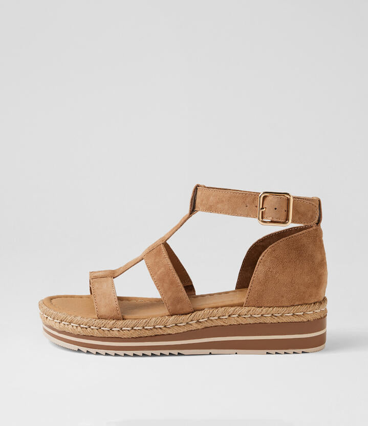 Image of Sandals. Product name - Amarela Light Choc Suede Sandals in Lt Choc colour by brand - MIDAS