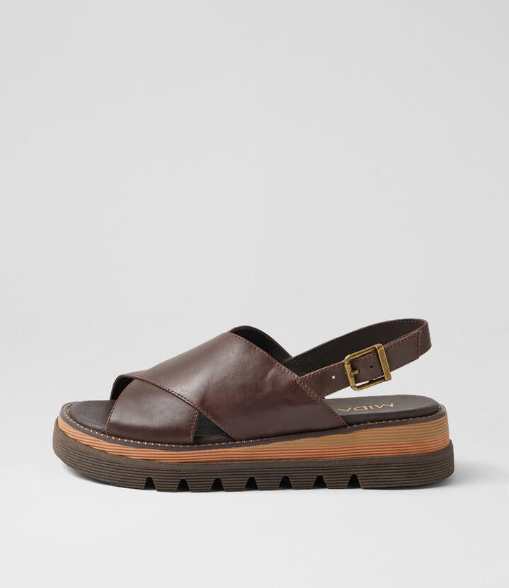 Image of Heels. Product name - Stu Choc Leather Platform Wedge Sandals in Choc colour by brand - MIDAS