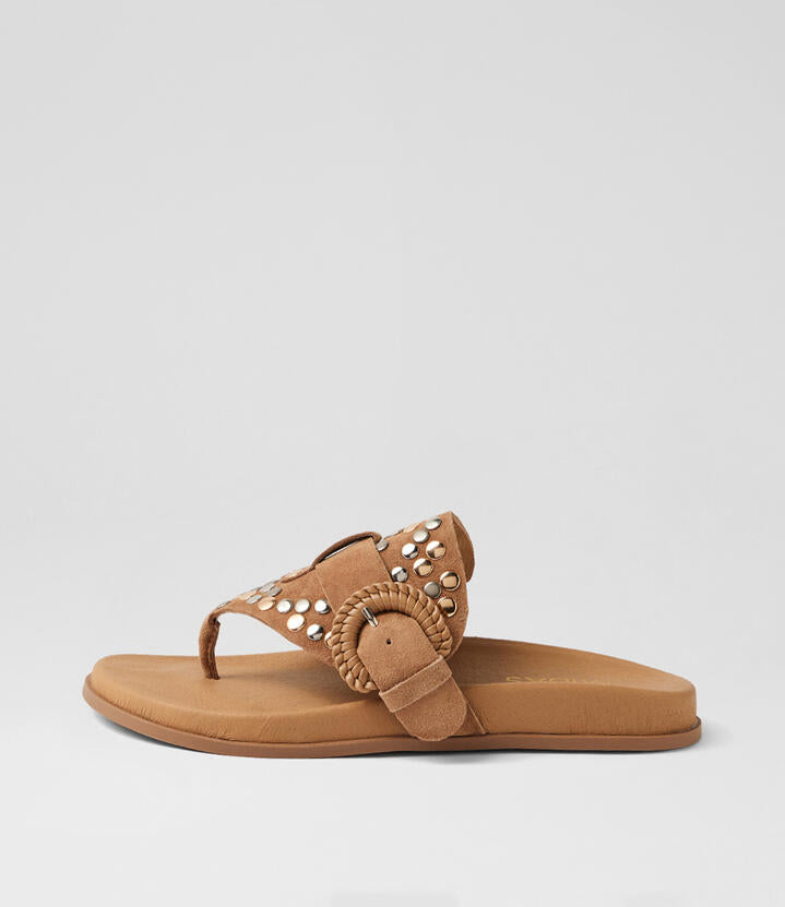 Image of Sandals. Product name - Tabu Light Choc Suede Thongs in Lt Choc colour by brand - MIDAS
