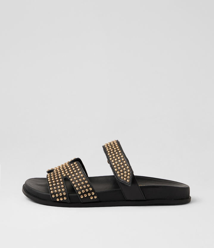 Image of Slippers. Product name - Tiff Black Gold Leather Slides in Black-Gold colour by brand - MIDAS