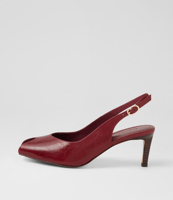 Image of Sandals. Product name - Bouquets Burgundy Dark Brown Crinkle Leather Sandals in Burgundy-Dk Brown Heel colour by brand - MOLLINI