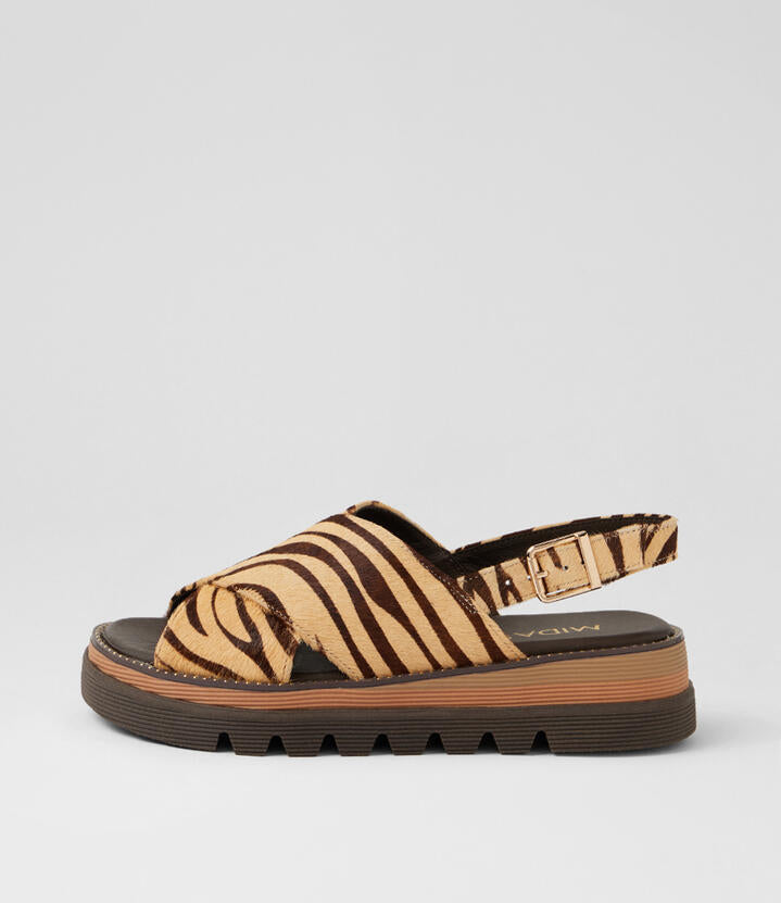 Image of Heels. Product name - Stu Camel Choc Zebra Pony Platform Wedge Sandals in Camel&Choc Zebra colour by brand - MIDAS