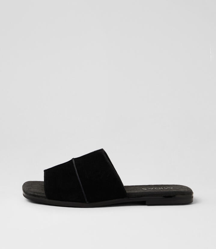 Image of Slippers. Product name - Floo Black Suede Slides in Black colour by brand - MIDAS