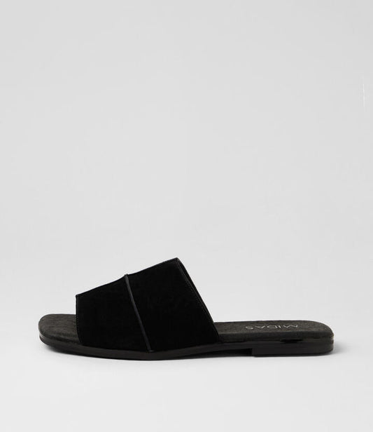 Image of Slippers. Product name - Floo Black Suede Slides in Black colour by brand - MIDAS