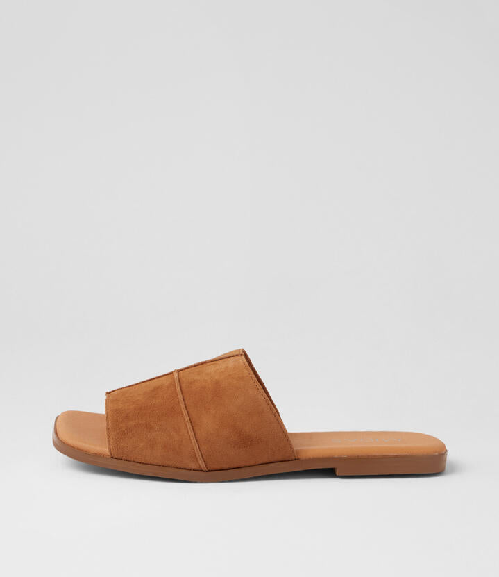 Image of Slippers. Product name - Floo Cognac Suede Slides in Cognac colour by brand - MIDAS