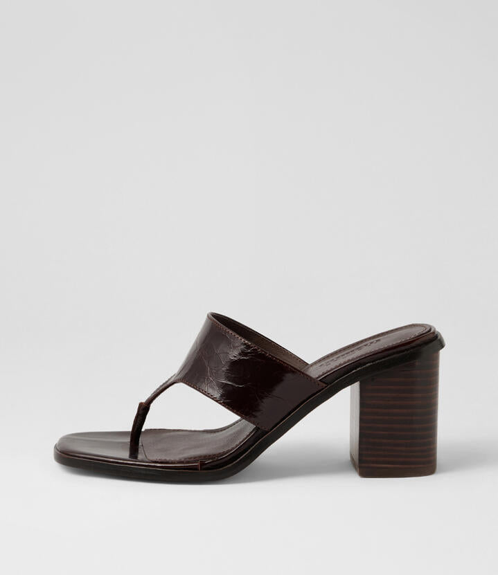Image of Sandals. Product name - Neomi Choc Dark Brown Crinkle Leather Sandals in Choc-Dk Brown Heel colour by brand - MOLLINI