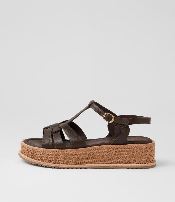 Image of Heels. Product name - Vanile Choc Coffee Leather Synthetic Raffia Platform Wedge Sandals in Choc-Coffee colour by brand - MIDAS