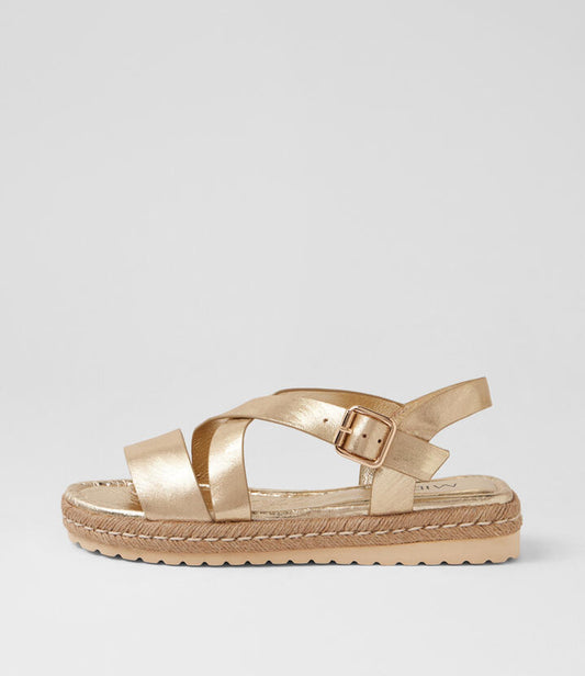 Image of Sandals. Product name - Simmo Old Gold Scratch Leather Strappy Sandals in Old Gold colour by brand - MIDAS