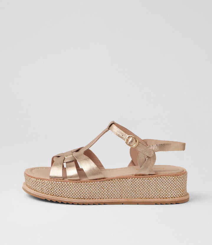 Image of Heels. Product name - Vanile Champagne Leather Synthetic Raffia Platform Wedge Sandals in Champagne-Champagne colour by brand - MIDAS