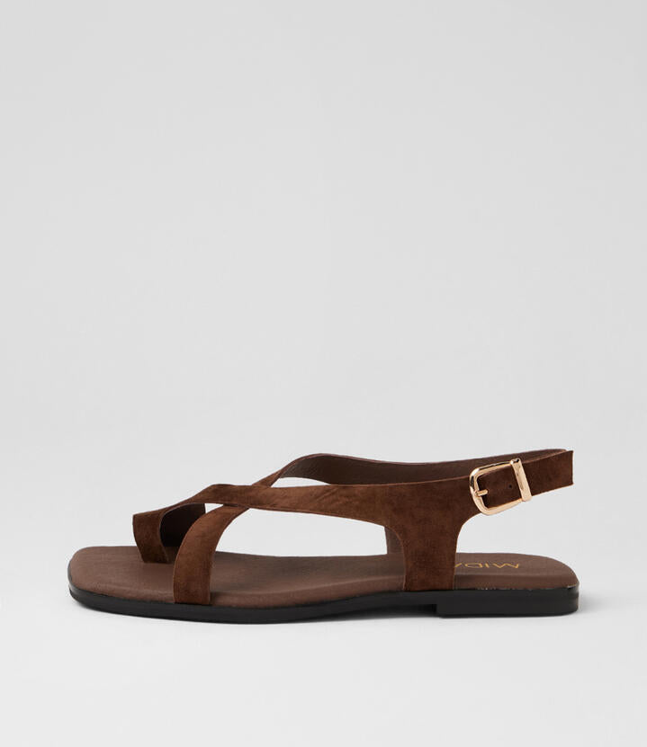 Image of Sandals. Product name - Ferria Choc Suede Thongs in Choc colour by brand - MIDAS