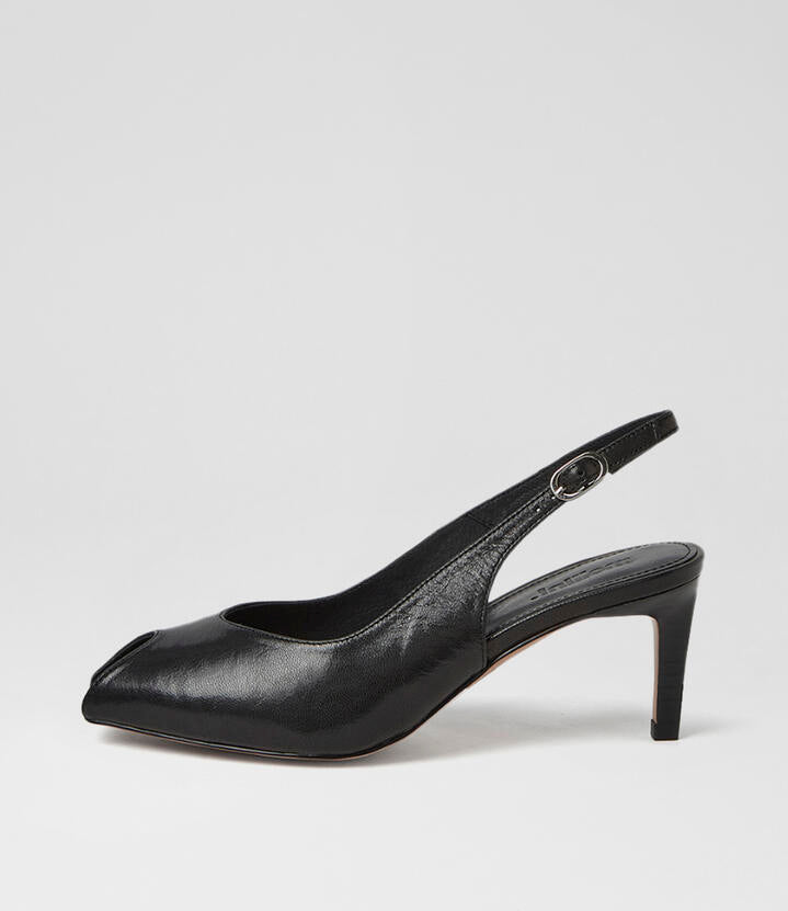 Image of Sandals. Product name - Bouquets Black Crinkle Leather Sandals in Black-Black Heel colour by brand - MOLLINI