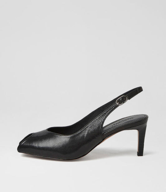 Image of Sandals. Product name - Bouquets Black Crinkle Leather Sandals in Black-Black Heel colour by brand - MOLLINI