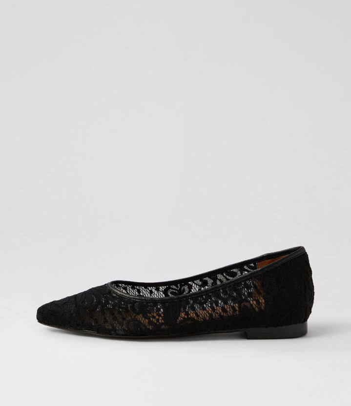 Image of Flats. Product name - Yassin Black Lace Fabric Leather Ballet Flats in Black Lace colour by brand - MIDAS