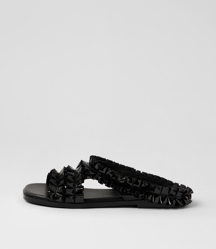 Image of Slippers. Product name - Goliath Black Patent Leather Slides in Black colour by brand - MIDAS