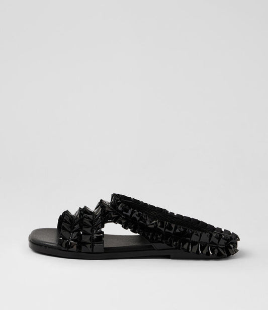 Image of Slippers. Product name - Goliath Black Patent Leather Slides in Black colour by brand - MIDAS