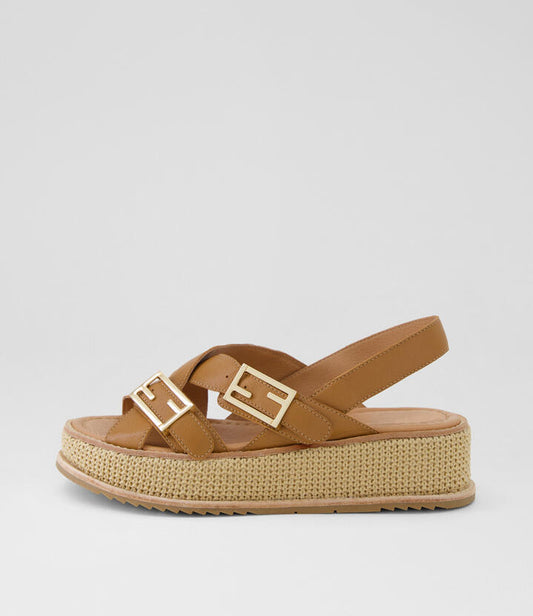 Image of Heels. Product name - Vudu Dark Tan Camel Leather Synthetic Raffia Platform Wedge Sandals in Dk Tan-Camel colour by brand - MIDAS