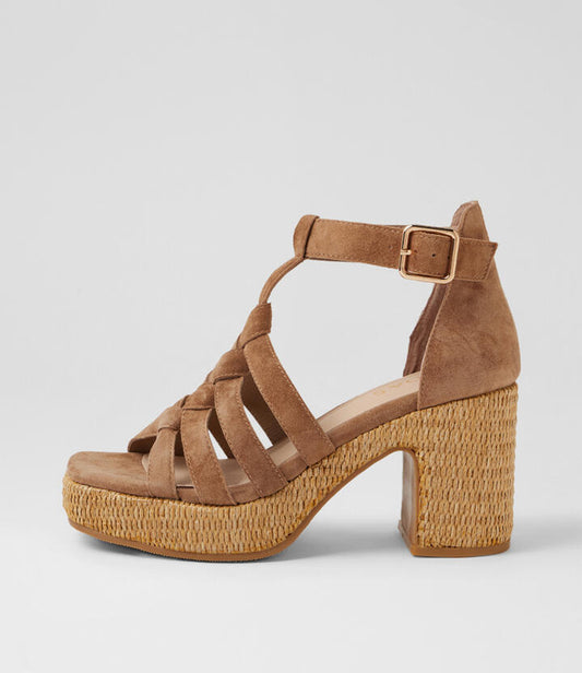 Image of Heels. Product name - Kipling Light Choc Natural Suede Platform Sandals in Lt Choc-Natural Heel colour by brand - MIDAS