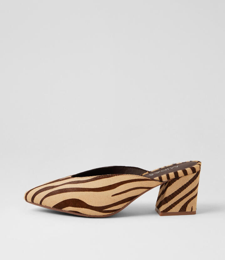 Image of Sandals. Product name - Moth Choc Camel Zebra Leather Mules in Choc&Camel Zebra colour by brand - MIDAS