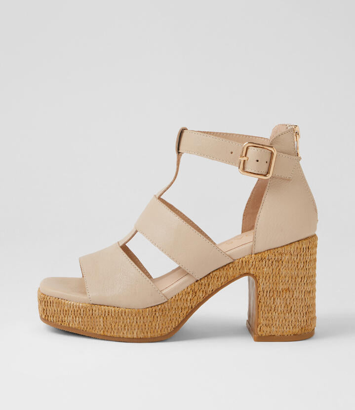 Image of Heels. Product name - Kimchee Vanilla Natural Leather Platform Sandals in Vanilla-Natural Heel colour by brand - MIDAS