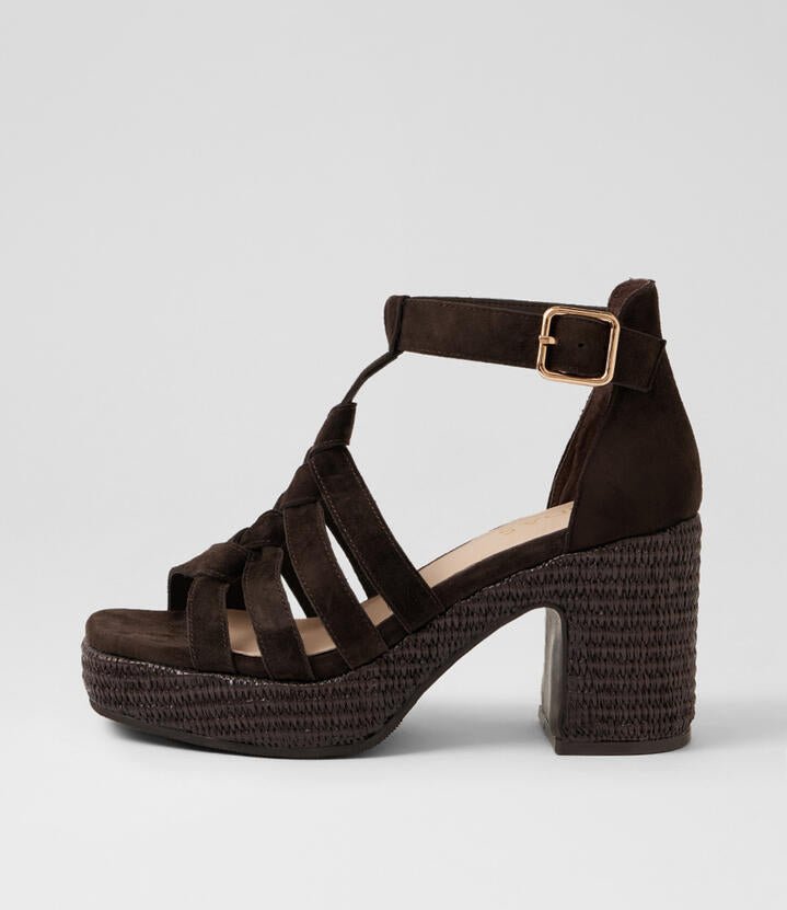 Image of Heels. Product name - Kipling Choc Suede Platform Sandals in Choc-Choc Heel colour by brand - MIDAS