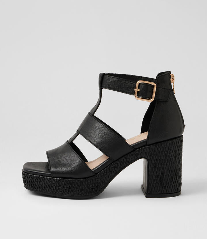 Image of Heels. Product name - Kimchee Black Leather Platform Sandals in Black-Black Heel colour by brand - MIDAS