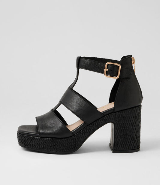 Image of Heels. Product name - Kimchee Black Leather Platform Sandals in Black-Black Heel colour by brand - MIDAS