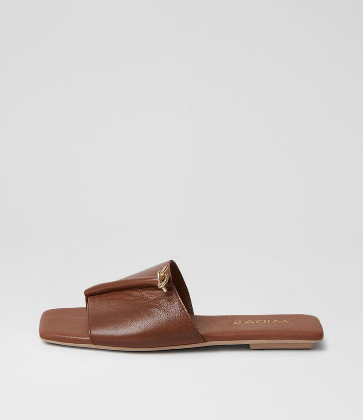 Image of Slippers. Product name - Elio Walnut Leather Slides in Walnut colour by brand - MIDAS