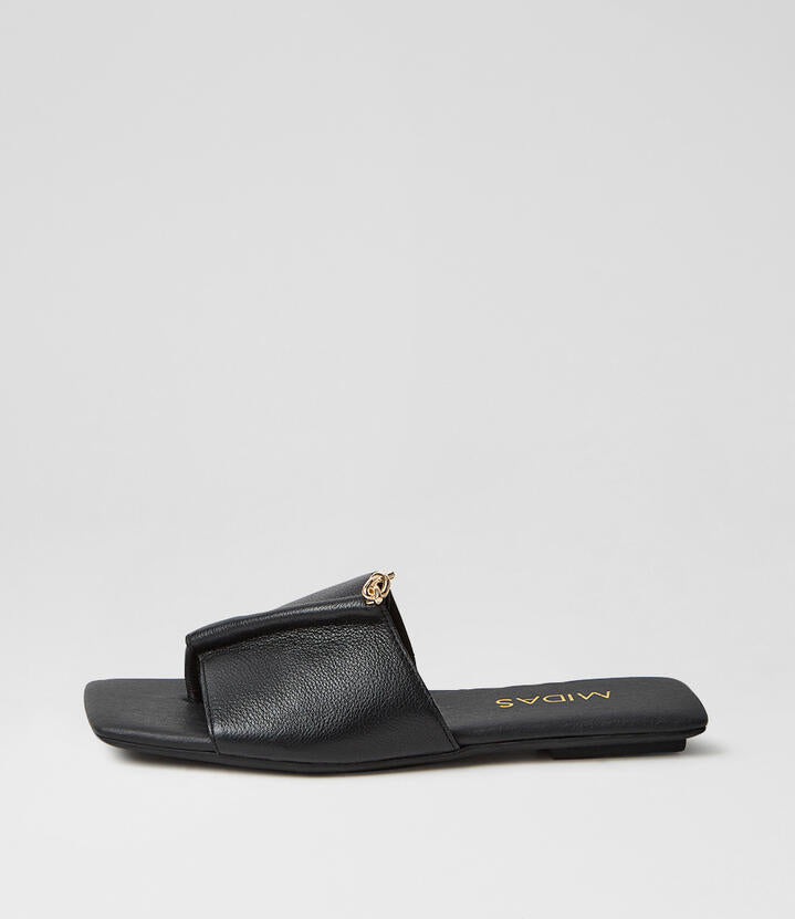 Image of Slippers. Product name - Elio Black Leather Slides in Black colour by brand - MIDAS