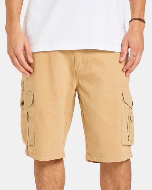 Image of a model wearing Shorts. Product name - Quiksilver Mens Crucial Battle 21" Cargo Shorts Khaki in Khaki colour by brand - Quiksilver
