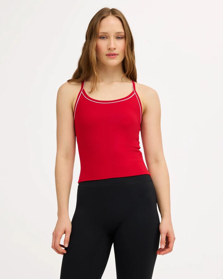 Image of a model wearing Tops. Product name - RVCA Womens Va Classic Strapy Tank Top Scarlet in Scarlet colour by brand - RVCA