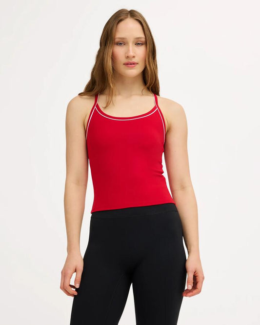 Image of a model wearing Tops. Product name - RVCA Womens Va Classic Strapy Tank Top Scarlet in Scarlet colour by brand - RVCA
