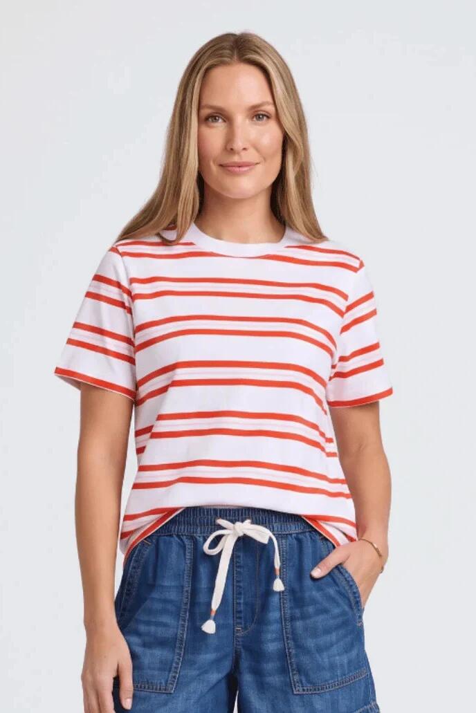 Image of a model wearing Tops. Product name - Pure White Red Stripe SS Tee in Red colour by brand - Foxwood