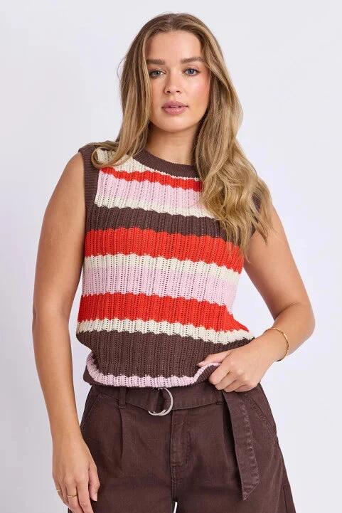 Image of a model wearing Outerwear. Product name - Haven Grenadine Chocolate Stripe Cotton Sleeveless Knit Top in Red colour by brand - Foxwood