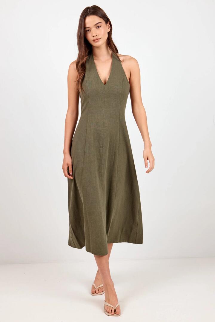 Image of Dresses. Product name - Neve Khaki Linen Halter Midi Dress in Khaki colour by brand - Staple The Label
