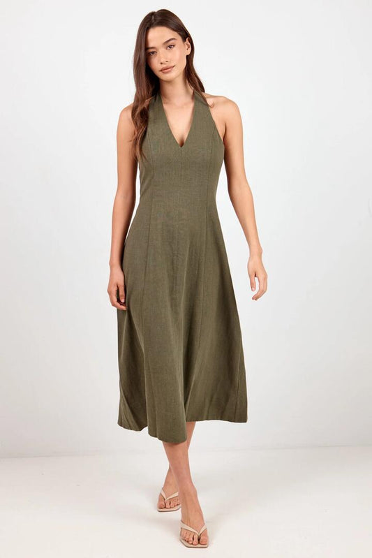 Image of Dresses. Product name - Neve Khaki Linen Halter Midi Dress in Khaki colour by brand - Staple The Label
