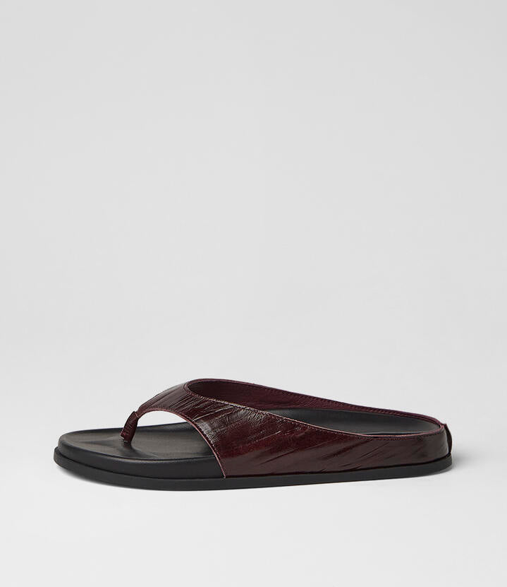 Image of Sandals. Product name - Honie Burgundy Black Embossed Leather Thongs in Burgundy-Black Sole colour by brand - MOLLINI