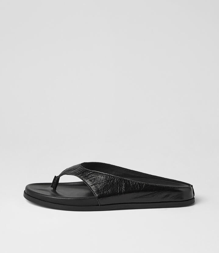 Image of Sandals. Product name - Honie Black Embossed Leather Thongs in Black-Black Sole colour by brand - MOLLINI