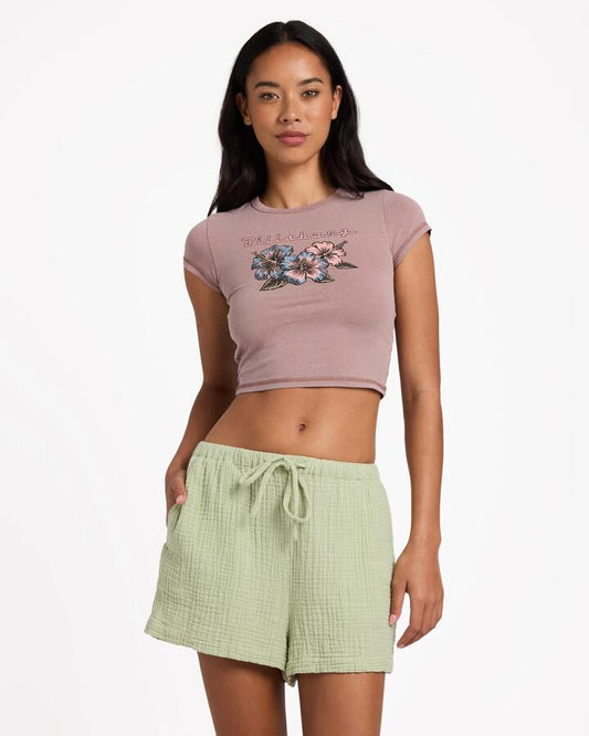 Image of a model wearing Shorts. Product name - Billabong Womens Wanderer Elastic Waist Shorts Crystal Green in Crystal Green colour by brand - Billabong