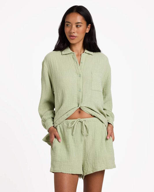 Image of a model wearing Tops. Product name - Billabong Womens Wanderer Long Sleeve Shirt Crystal Green in Crystal Green colour by brand - Billabong