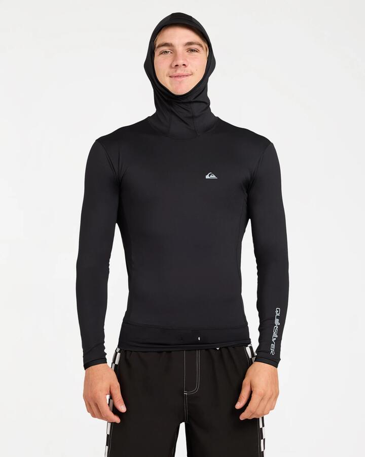 Image of a model wearing Tops. Product name - Quiksilver Mens Highline Hooded Long Sleeve Rashguard Black in Black colour by brand - Quiksilver
