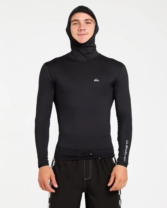 Image of a model wearing Tops. Product name - Quiksilver Mens Highline Hooded Long Sleeve Rashguard Black in Black colour by brand - Quiksilver