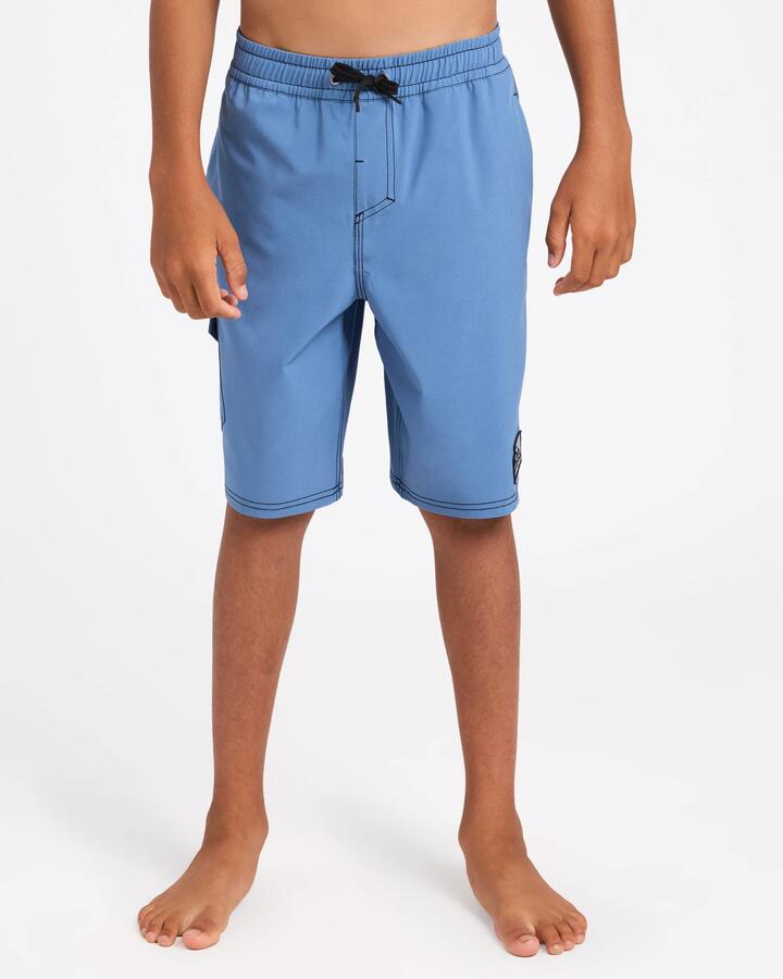 Image of a model wearing Shorts. Product name - Quiksilver Boys 8-16 Exhibit 18" Volley Shorts Blue Horizon in Blue Horizon colour by brand - Quiksilver