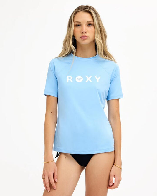 Image of Wetsuits. Product name - Roxy Womens Essential Rashguard Placid Blue in Placid Blue colour by brand - Roxy