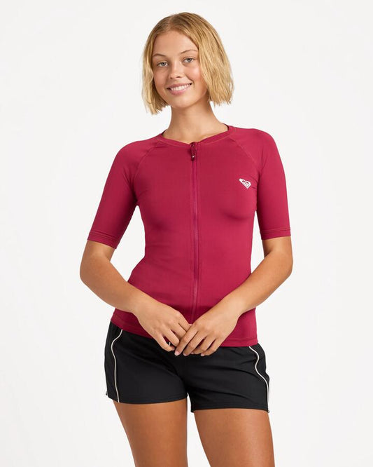 Image of Wetsuits. Product name - Roxy Womens Essentials Chest Zip Rashguard Beet Red in Beet Red colour by brand - Roxy