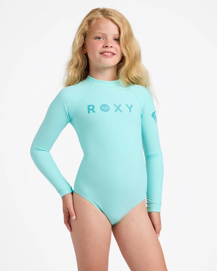 Image of a model wearing Tops. Product name - Roxy Girls 8-16 Heater Upf 50 Long Sleeve Rashguard Aruba Blue in Aruba Blue colour by brand - Roxy