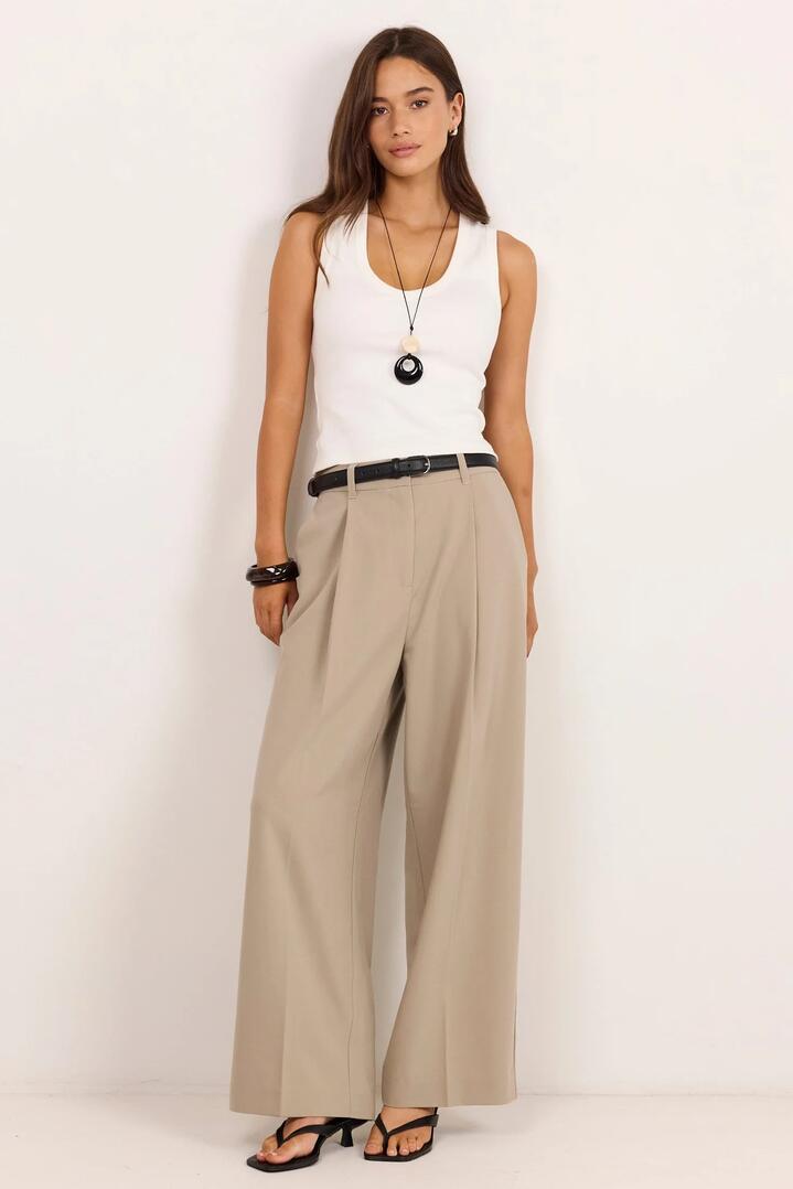 Image of a model wearing Pants. Product name - Conquered Stone Relaxed Adjustable Waist Wide Leg Pants in Stone colour by brand - Among the Brave