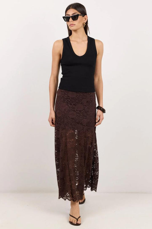 Image of a model wearing Skirts. Product name - Moral Chocolate Lace Maxi Skirt in Chocolate Lace colour by brand - Georgia Zoe