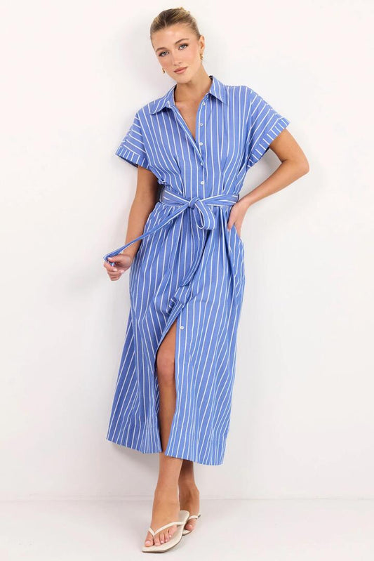 Image of Dresses. Product name - Camden Blue Wide Stripe Fit Flare Maxi Shirt Dress in Blue Wide Stripe colour by brand - Among the Brave