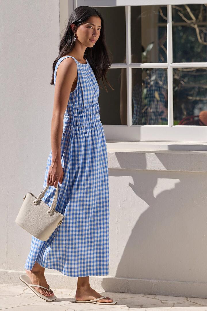 Image of Dresses. Product name - Lucent Blue Gingham Sleeveless Shirred Bodice Midi Dress in Blue Gingham colour by brand - RE:UNION Label